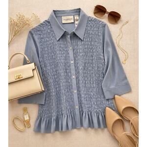 Liz Claiborne Light Blue Smocked Button-Front Blouse
